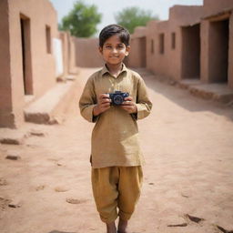 A young boy in traditional Punjabi attire, confidently holding a camera, standing in the rustic setting of a Punjabi village with traditional mud and brick houses surrounding him.