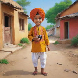 A cartoon depiction of a young boy, dressed in vibrant Punjabi attire, with a camera in hand, set within the charming, rustic environment of a traditional Punjabi village.