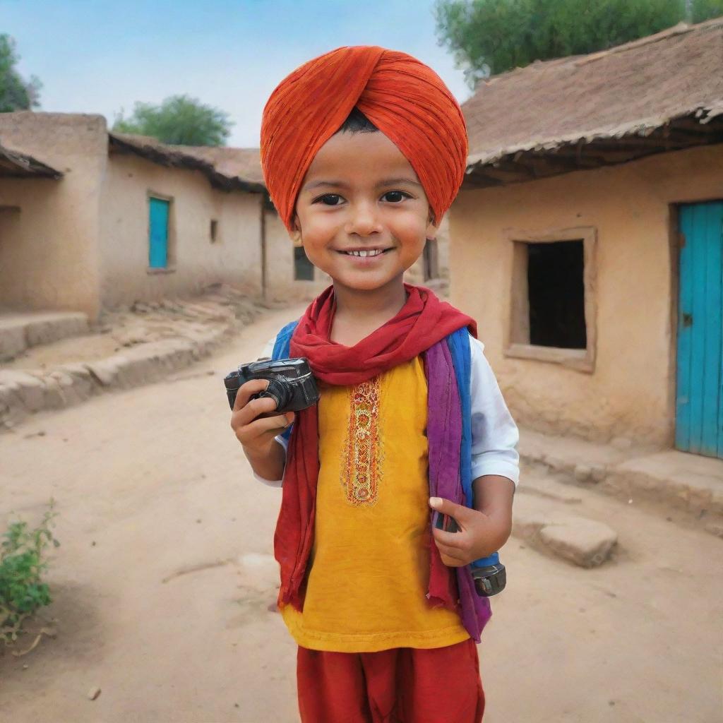 A cartoon depiction of a young boy, dressed in vibrant Punjabi attire, with a camera in hand, set within the charming, rustic environment of a traditional Punjabi village.