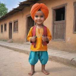 A cartoon depiction of a young boy, dressed in vibrant Punjabi attire, with a camera in hand, set within the charming, rustic environment of a traditional Punjabi village.