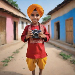 A cartoon depiction of a young boy, dressed in vibrant Punjabi attire, with a camera in hand, set within the charming, rustic environment of a traditional Punjabi village.