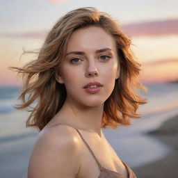 Generate an image of a look-alike of the actress Scarlett Johansson on a scenic beach during sunset.