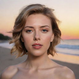 Generate an image of a look-alike of the actress Scarlett Johansson on a scenic beach during sunset.