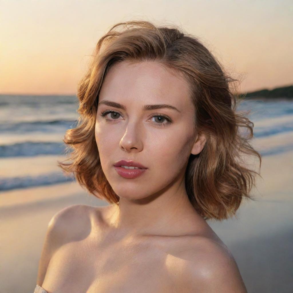 Generate an image of a look-alike of the actress Scarlett Johansson on a scenic beach during sunset.