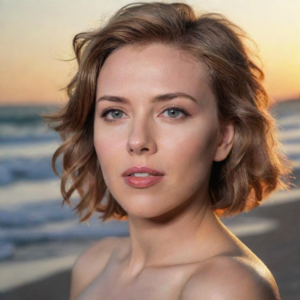 Generate an image of a look-alike of the actress Scarlett Johansson on a scenic beach during sunset.