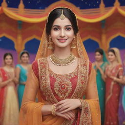 A Disney-styled animation of a Punjabi girl, beautifully adorned in traditional attire, joyfully attending a function with a vibrant backdrop of Punjabi celebrations.