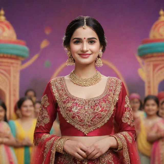 A Disney-styled animation of a Punjabi girl, beautifully adorned in traditional attire, joyfully attending a function with a vibrant backdrop of Punjabi celebrations.