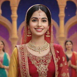 A Disney-styled animation of a Punjabi girl, beautifully adorned in traditional attire, joyfully attending a function with a vibrant backdrop of Punjabi celebrations.