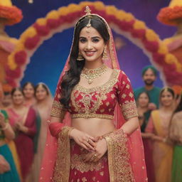 A Disney-styled animation of a Punjabi girl, beautifully adorned in traditional attire, joyfully attending a function with a vibrant backdrop of Punjabi celebrations.