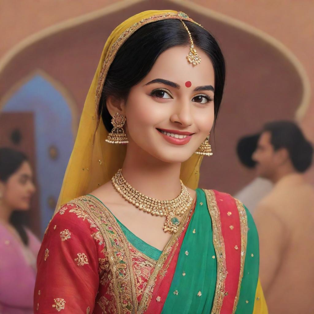 A delightful Disney-style cartoon of a Punjabi girl, wearing traditional attire, at a function. Her features drawn in classic Disney animation style with a lively Punjabi celebration in the background.