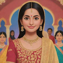 A delightful Disney-style cartoon of a Punjabi girl, wearing traditional attire, at a function. Her features drawn in classic Disney animation style with a lively Punjabi celebration in the background.