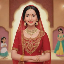 A delightful Disney-style cartoon of a Punjabi girl, wearing traditional attire, at a function. Her features drawn in classic Disney animation style with a lively Punjabi celebration in the background.