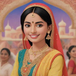 A delightful Disney-style cartoon of a Punjabi girl, wearing traditional attire, at a function. Her features drawn in classic Disney animation style with a lively Punjabi celebration in the background.