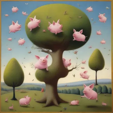 The painter whimsically depicted a world filled with flying pigs and talking trees.