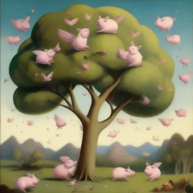 The painter whimsically depicted a world filled with flying pigs and talking trees.