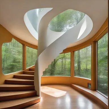 The architect designed the house with whimsically shaped windows and a spiral staircase.