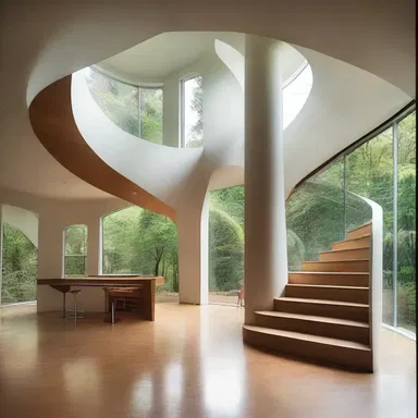 The architect designed the house with whimsically shaped windows and a spiral staircase.