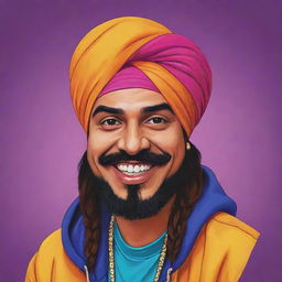 A stylized cartoon version of the Punjabi singer Sidhu Moosewala, capturing his signature style and characteristics in a vibrant and playful manner.