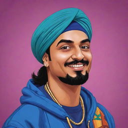 A stylized cartoon version of the Punjabi singer Sidhu Moosewala, capturing his signature style and characteristics in a vibrant and playful manner.