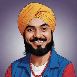 A stylized cartoon version of the Punjabi singer Sidhu Moosewala, capturing his signature style and characteristics in a vibrant and playful manner.