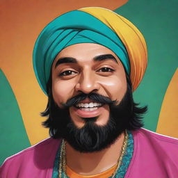 A stylized cartoon version of the Punjabi singer Sidhu Moosewala, capturing his signature style and characteristics in a vibrant and playful manner.