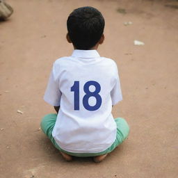 A rear view of a boy sitting on the ground, wearing a shirt with the name 'Usman' and the number '68' prominently displayed.