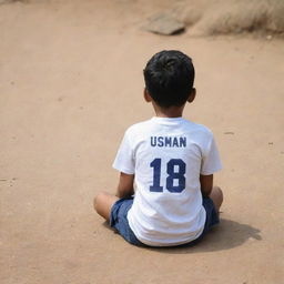 A rear view of a boy sitting on the ground, wearing a shirt with the name 'Usman' and the number '68' prominently displayed.