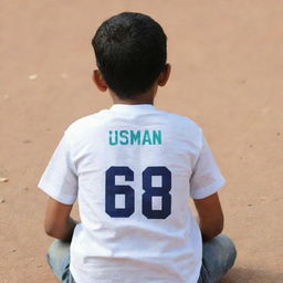 A rear view of a boy sitting on the ground, wearing a shirt with the name 'Usman' and the number '68' prominently displayed.