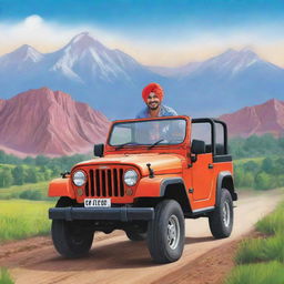 A playful cartoon rendition of Punjabi singer Sidhu Moose Wala, driving a Mahindra Thar Jeep through a vibrant and lively landscape.