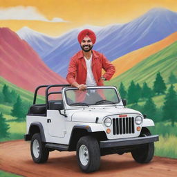 A playful cartoon rendition of Punjabi singer Sidhu Moose Wala, driving a Mahindra Thar Jeep through a vibrant and lively landscape.