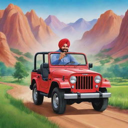 A playful cartoon rendition of Punjabi singer Sidhu Moose Wala, driving a Mahindra Thar Jeep through a vibrant and lively landscape.