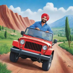 A playful cartoon rendition of Punjabi singer Sidhu Moose Wala, driving a Mahindra Thar Jeep through a vibrant and lively landscape.