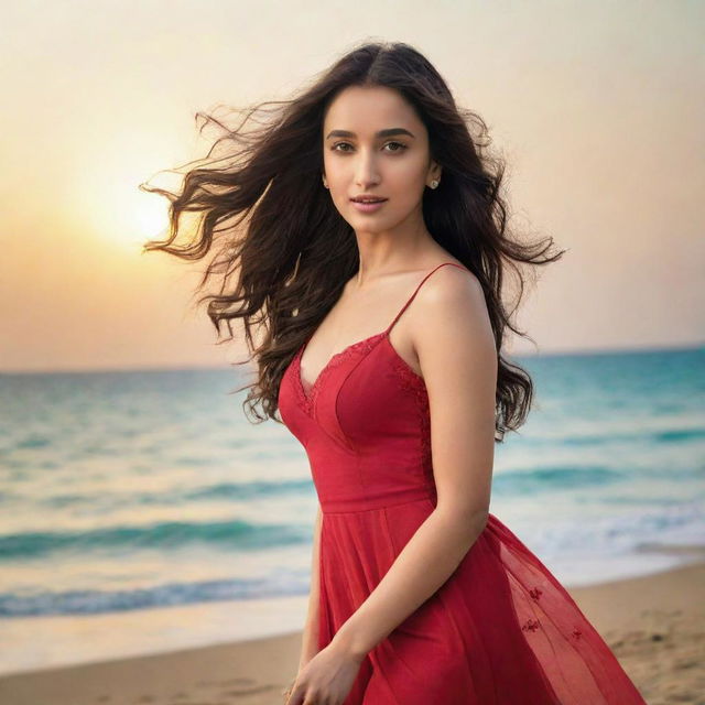 Indian actress Shraddha Kapoor wearing a stunning red dress on a tropical beach, with the turquoise sea and a setting sun in the background