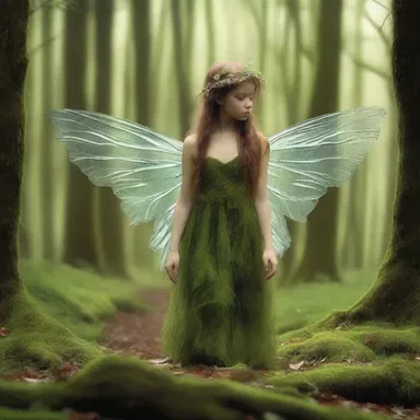 In the magical forest, the fairy's wings faltered as she tried to maintain her balance on the moss-covered ground.