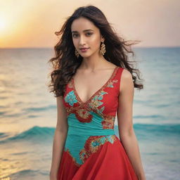 Indian actress Shraddha Kapoor wearing a stunning red dress on a tropical beach, with the turquoise sea and a setting sun in the background