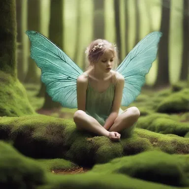 In the magical forest, the fairy's wings faltered as she tried to maintain her balance on the moss-covered ground.