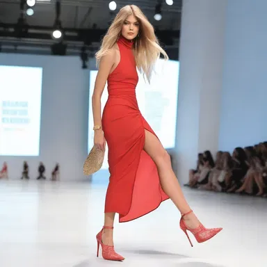 The model faltered in her towering heels, losing her balance and stumbling on the runway.
