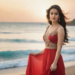 Indian actress Shraddha Kapoor wearing a stunning red dress on a tropical beach, with the turquoise sea and a setting sun in the background