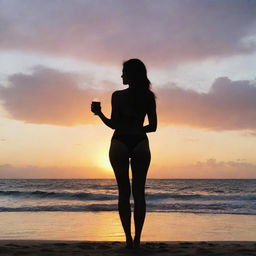 Maddison Beer standing on a serene tropical beach, her silhouette contrasting against the vibrant sunset in the background.