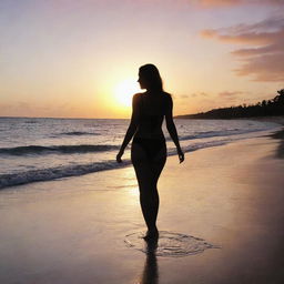 Maddison Beer standing on a serene tropical beach, her silhouette contrasting against the vibrant sunset in the background.