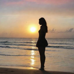 Maddison Beer standing on a serene tropical beach, her silhouette contrasting against the vibrant sunset in the background.