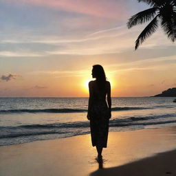 Maddison Beer standing on a serene tropical beach, her silhouette contrasting against the vibrant sunset in the background.