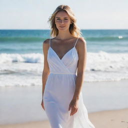 Maddison Beer standing on a sunny beach, dressed in an elegant white dress with the ocean waves gently rolling in the background.