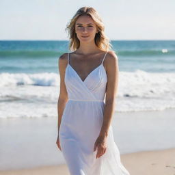 Maddison Beer standing on a sunny beach, dressed in an elegant white dress with the ocean waves gently rolling in the background.