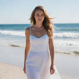 Maddison Beer standing on a sunny beach, dressed in an elegant white dress with the ocean waves gently rolling in the background.