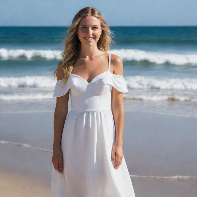 Maddison Beer standing on a sunny beach, dressed in an elegant white dress with the ocean waves gently rolling in the background.