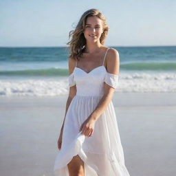 Maddison Beer standing on a sunny beach, dressed in an elegant white dress with the ocean waves gently rolling in the background.