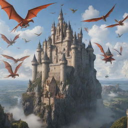 A majestic castle suspended in the sky, surrounded by soaring dragons and assorted flying planes.