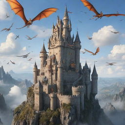 A majestic castle suspended in the sky, surrounded by soaring dragons and assorted flying planes.