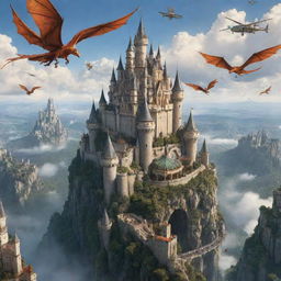 A majestic castle suspended in the sky, surrounded by soaring dragons and assorted flying planes.